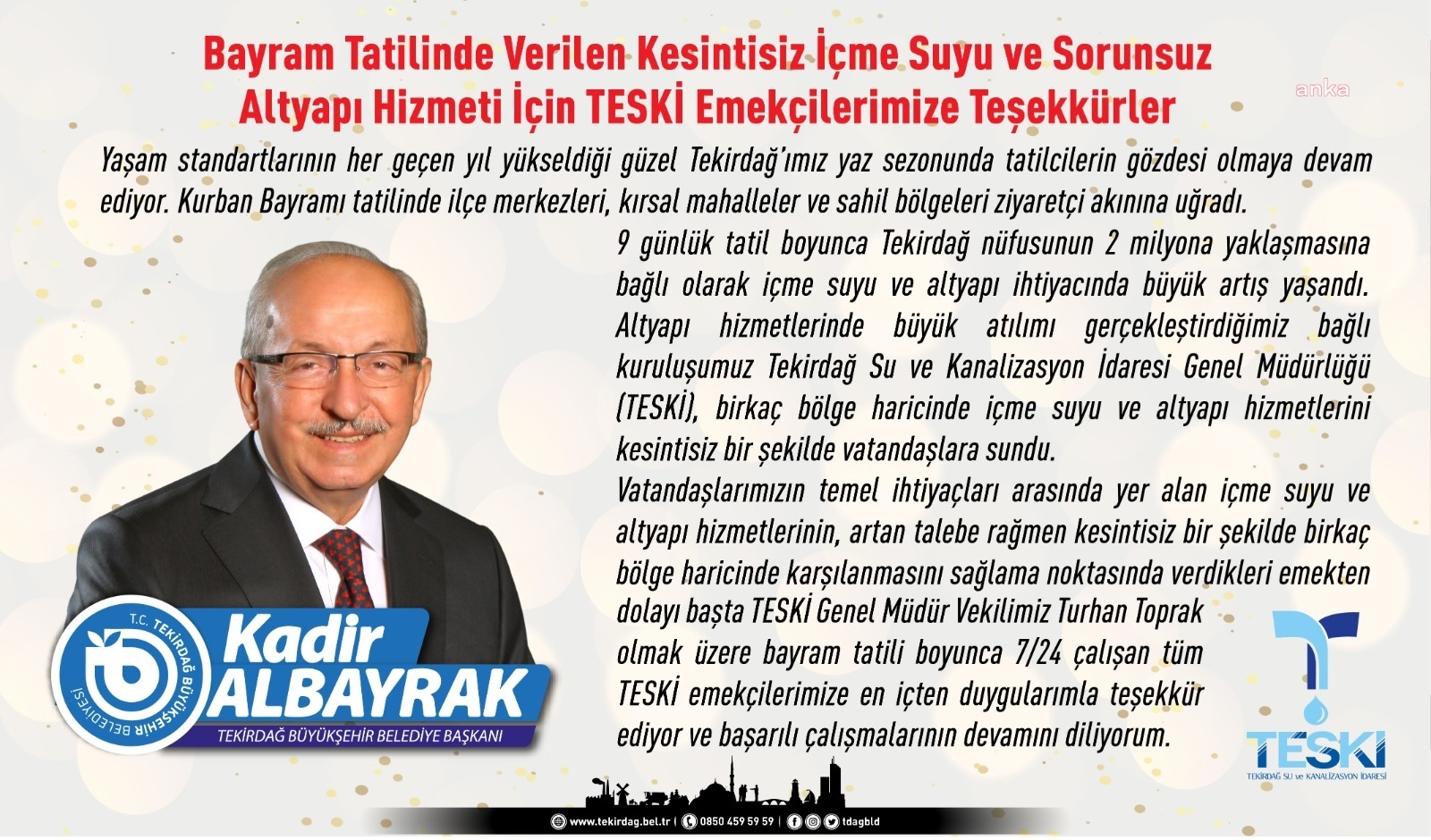 TEKİRDAĞ BÜYÜKŞEHİR BELEDİYESİ BAŞKANI ALBAYRAK, TESKİ EMEKÇİLERİNE TEŞEKKÜR ETTİ