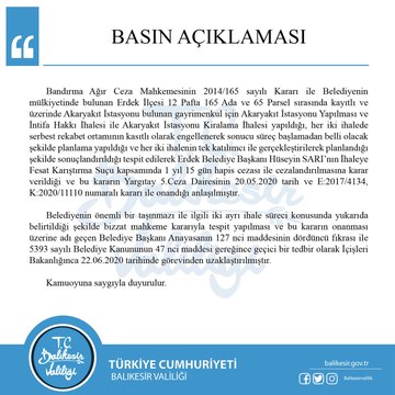 ERDEK BELEDİYE BAŞKANI HÜSEYİN SARI GÖREVİNDEN UZAKLAŞTIRILDI
