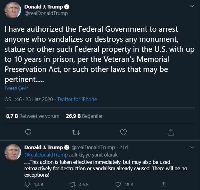 TRUMP: FEDERAL HÜKÜMETE HEYKELLERİ YIKANLARI TUTUKLAMA YETKİSİ VERDİM
