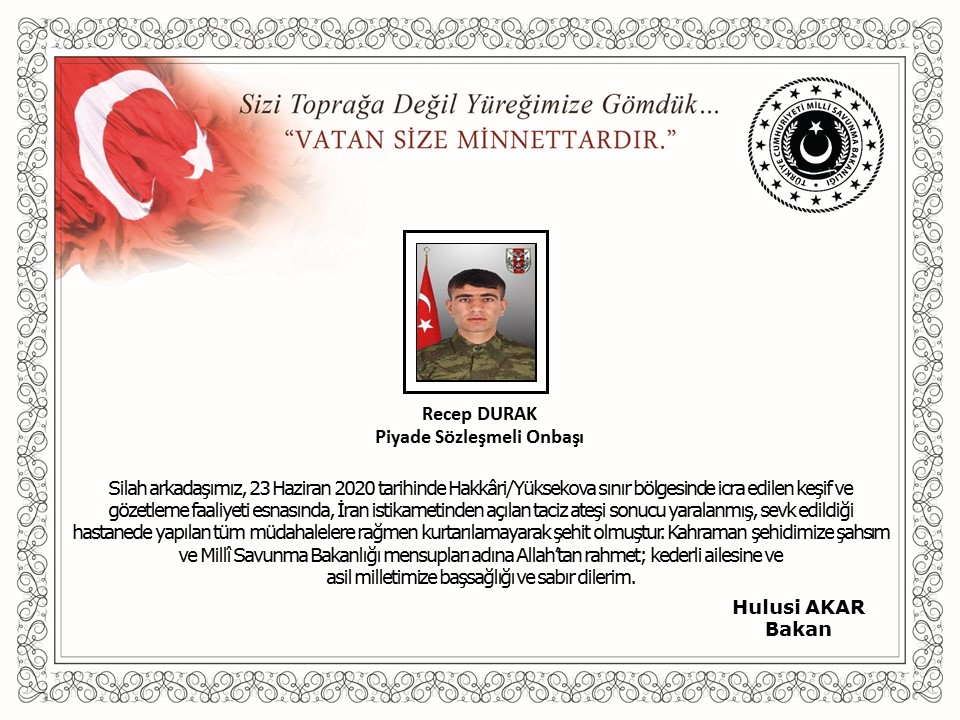 MSB: HAKKARİ’DE 1 ASKER ŞEHİT OLDU