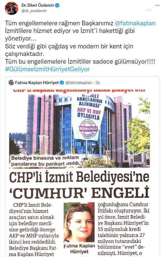 CHP İSTANBUL MİLLETVEKİLİ SİBEL ÖZDEMİR’DEN İZMİT BELEDİYE BAŞKANI HÜRRİYET’E DESTEK