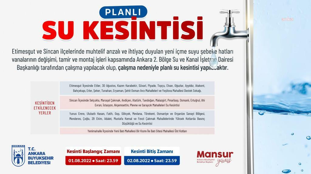ASKİ'DEN PLANLI SU KESİNTİSİ: ETİMESGUT, SİNCAN VE YENİMAHALLE İLÇELERİNİN BİR KISMINDA 26 YILLIK İÇME SUYU VANALARI DEĞİŞTİRİLECEK