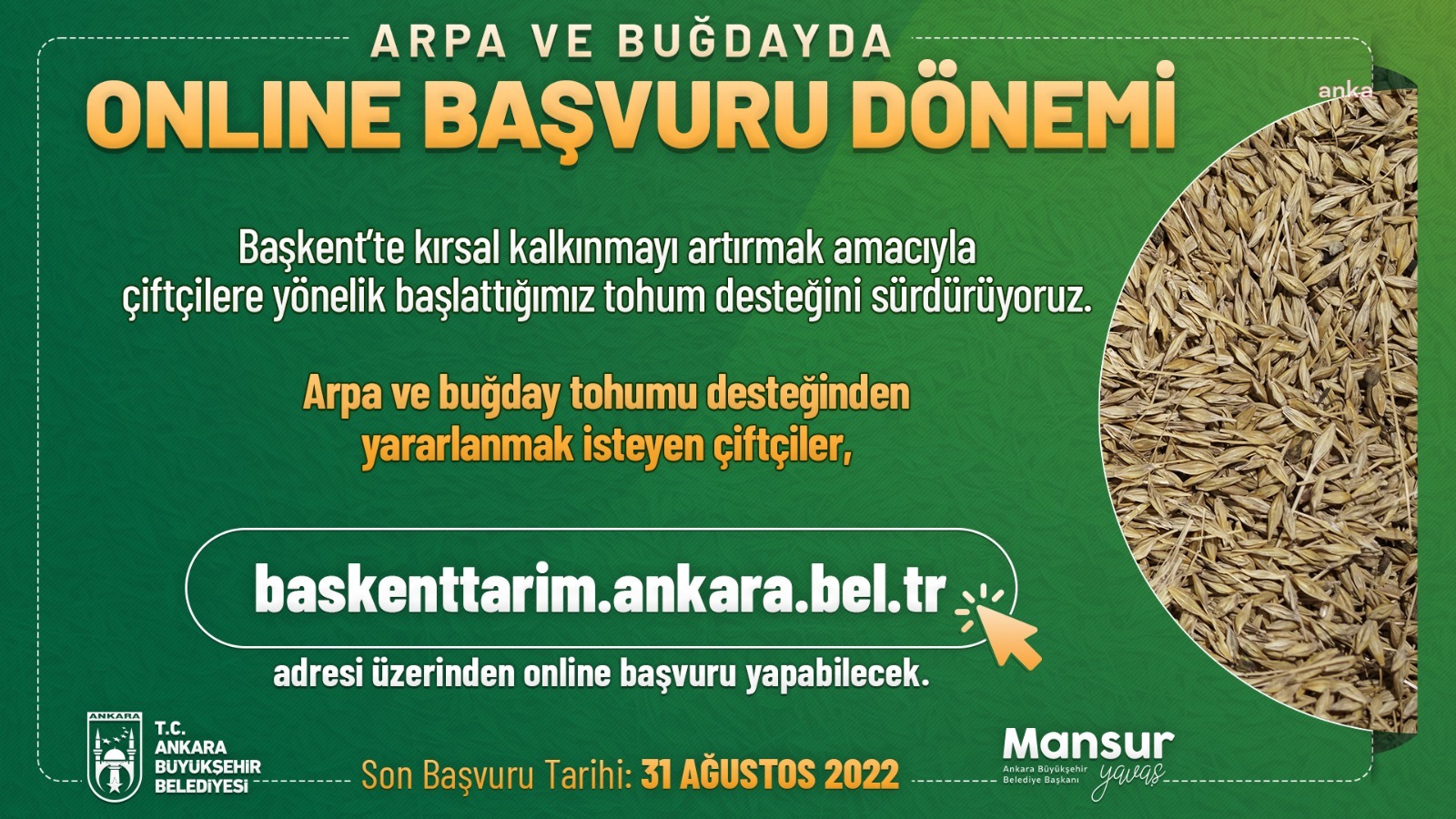 ANKARA BÜYÜKŞEHİR'İN ARPA VE BUĞDAY TOHUM DESTEĞİ İÇİN ONLİNE BAŞVURULARI BAŞLADI