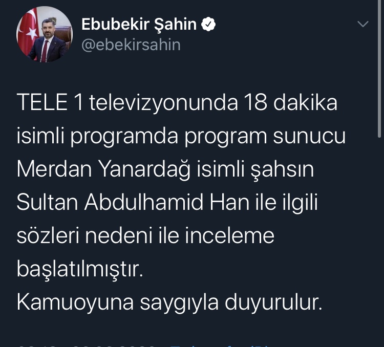 RTÜK BAŞKANI ŞAHİN: ‘TELE 1 HAKKINDA İNCELEME BAŞLATILDI’