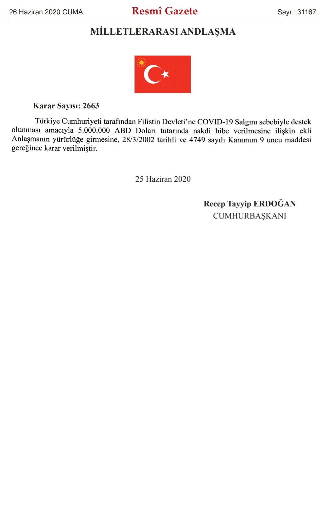 TÜRKİYE'DEN FİLİSTİN'E 5 MİLYON DOLARLIK YARDIM