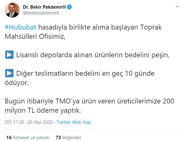 PAKDEMİRLİ: "TMO'YA ÜRÜN VEREN ÜRETİCİYE 200 MİLYON TL ÖDEME YAPTIK"