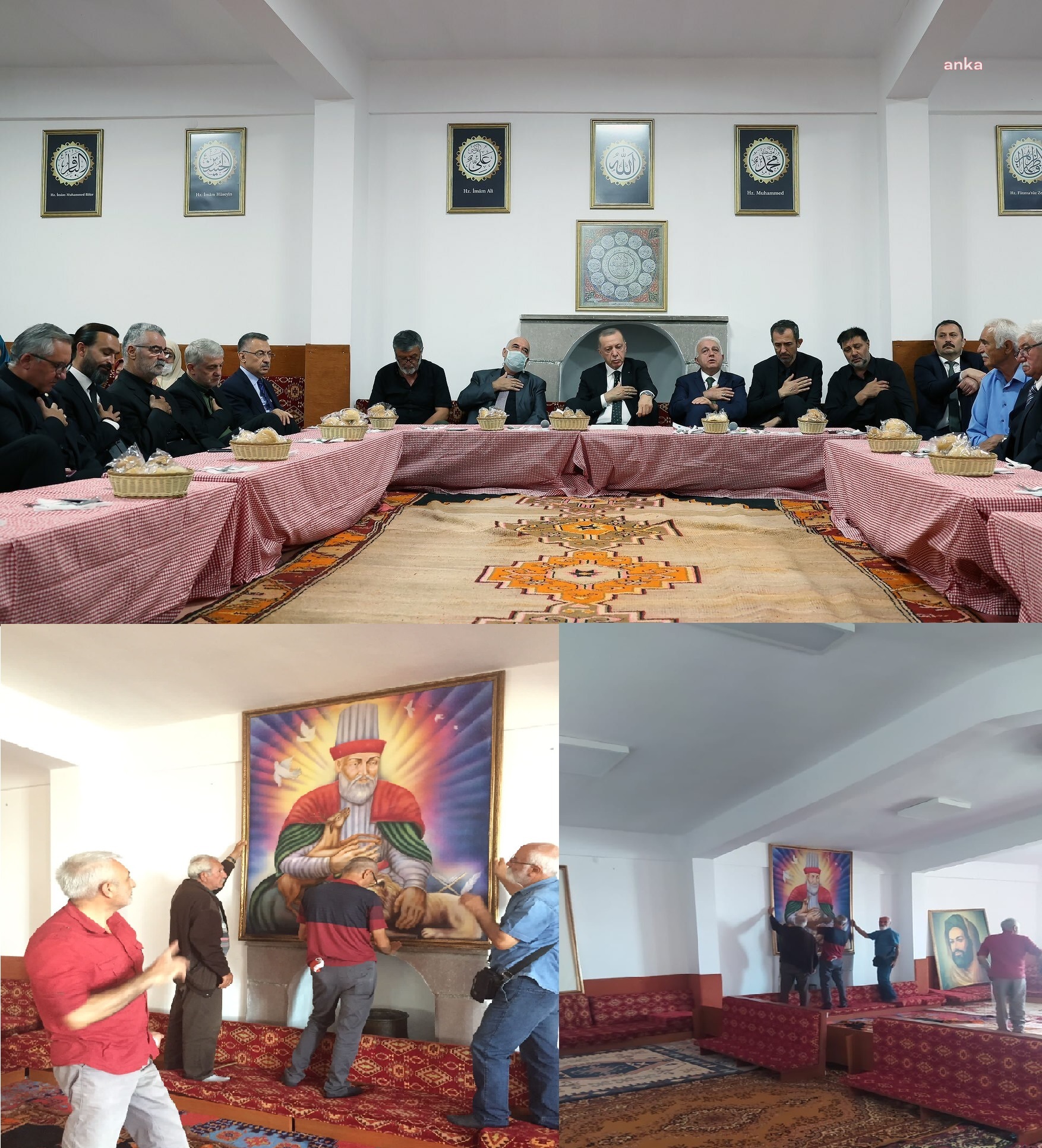 ERDOĞAN’IN ZİYARETİ İÇİN KALDIRILAN GÖRSELLER CEMEVİNİN DUVARINA YENİDEN ASILDI