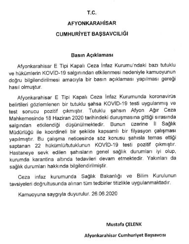 AFYON'DA CEZAEVİNDEKİ 22 MAHPUS KORONAVİRÜSE YAKALANDI