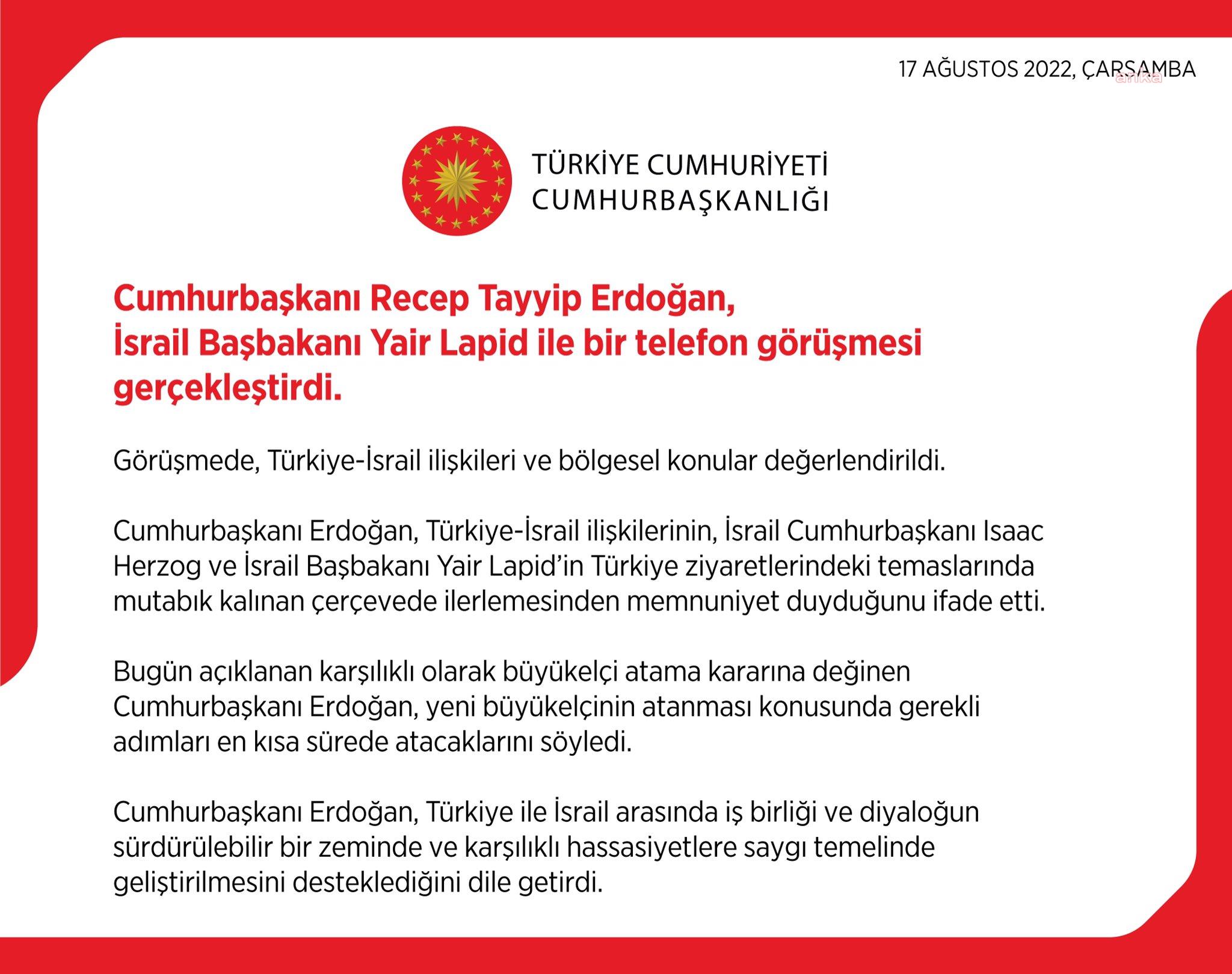 ERDOĞAN, İSRAİL BAŞBAKANI LAPİD İLE TELEFONDA GÖRÜŞTÜ